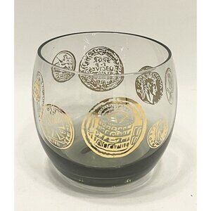 Vintage MCM Roly Poly Drinking Glass 10oz Roma Coin Smoked Barware Whiskey Rocks